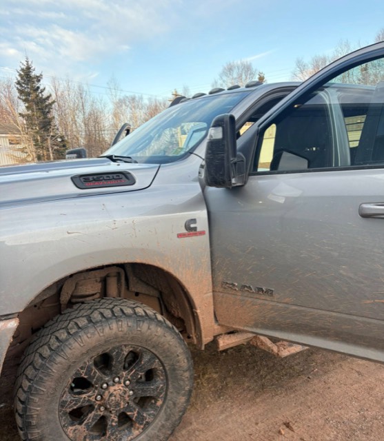 Ram pickup covered in mud before detailing
